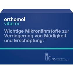 Eine blaue Verpackung mit der Aufschrift "orthomol vital m".