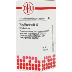 Eine Packung homöopathischer Streukügelchen namens Staphisagria D12.