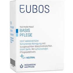 Weiße Verpackung mit blauer Aufschrift, EUBOS Basispflege für normale Haut.