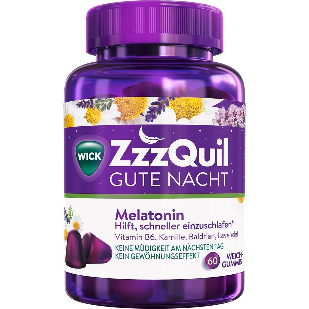 Lila Dose mit Schlafgummis, die Melatonin enthalten und beim Einschlafen helfen.